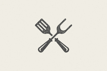 Fork and spatula crossed silhouette as symbol barbecue food preparation hand drawn stamp effect vector illustration.