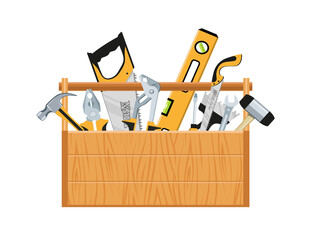 Toolbox with hand tools inside. Workbox with instruments. Building tools. Instruments for renovation. Work tools. Vector graphics to design.