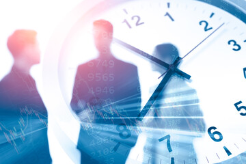Wall Mural - Business times or working hours concept blur office people talking overlay with time clock