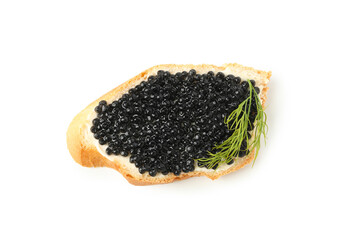 Sandwich with black caviar and dill isolated on white background