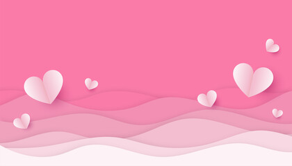 Wall Mural - Pink wave lines curve with hearts paper for valentine's day concept vector background illustration.