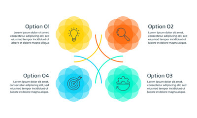 Wall Mural - Infographic concept with 4 steps, part or options. Business layout template with four abstract circles. Presentation, process, timeline info graphic design elements. Vector illustration.