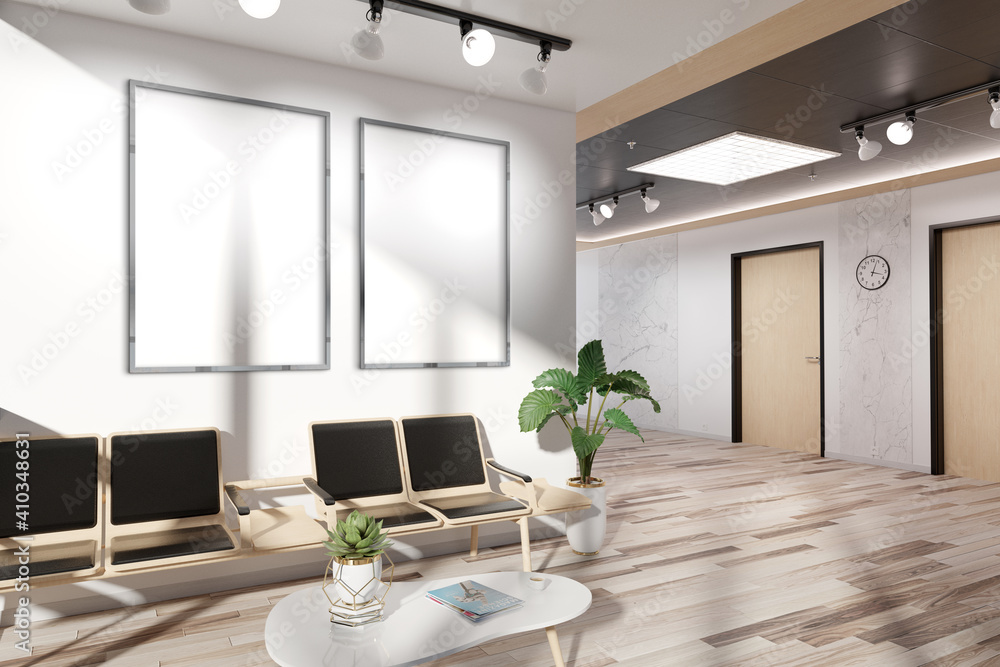 Two vertical frames Mockup hanging in office waiting room. Mock up of billboards in modern concrete interior 3D rendering - obrazy, fototapety, plakaty 