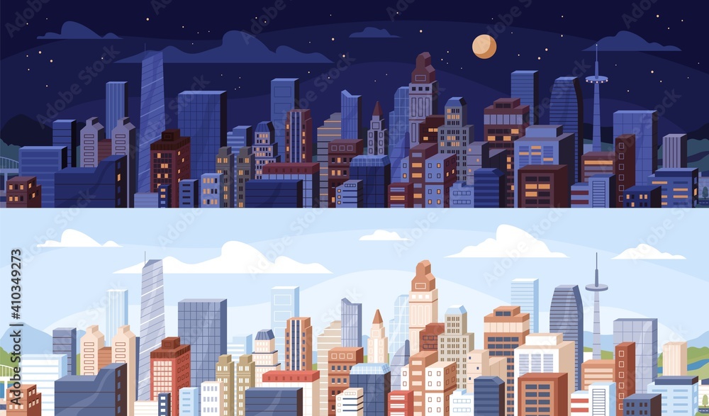 Cityscape at day and night time. City panoramic view with roofs of skyscrapers buildings at midday and midnight. Colored flat vector illustration of daytime and nighttime in modern downtown - obrazy, fototapety, plakaty 