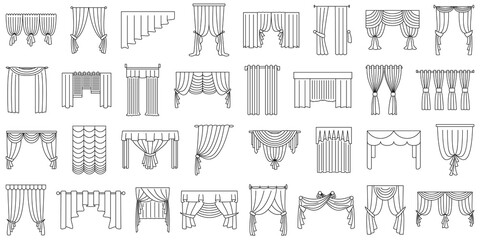 Curtains for window, doorway, theater stage. Set of vector icons in outline style isolated on white. Various curtain options for narrow and wide windows.
