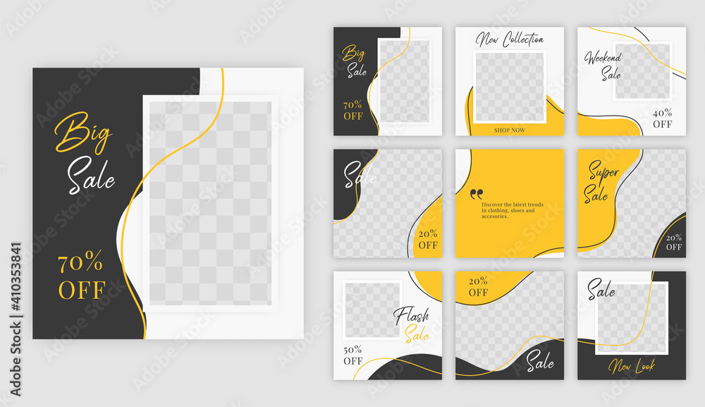 Set of Editable minimal square banner template. Black and yellow background color with shape. Suitable for social media post and web ads. - obrazy, fototapety, plakaty 