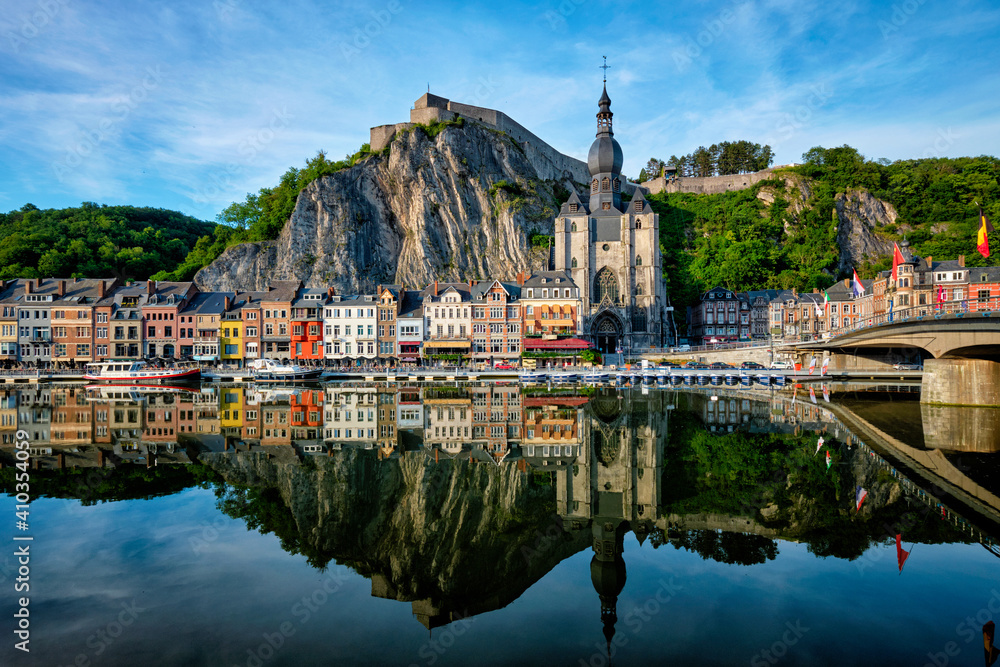 Picturesque Dinant town, Dinant Citadel and Collegiate Church of Notre Dame de Dinant and Pont Charles de Gaulle bridge over Meuse river. Belgian province of Namur, Blegium - obrazy, fototapety, plakaty 