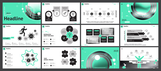 Business presentation template, turquoise and black infographic elements on white background. Offices, buildings, city. Vector slide, presentation of business projects and marketing, monitor, computer