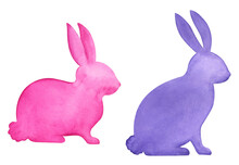 Watercolor Bunnies Silhouettes Isolated On White Background. Pink And Purple Easter Rabbits Symbols, Hand Drawn Illustration Of Bunnies Elements.