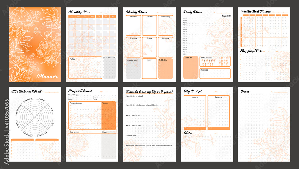Vector planner pages templates. Daily, weekly, monthly, project, budjet and meal planners. Peach orange shade floral design. - obrazy, fototapety, plakaty 