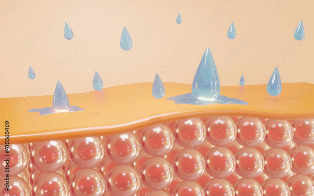 Water and vitamin drop on skin cell. serum through the skin layer and ...
