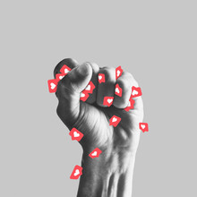 Human Fist Full Of Likes. Stop Addiction Of Social Media. Modern Design, Contemporary Art Collage. Inspiration, Idea, Trendy Urban Magazine Style. Negative Space To Insert Your Text Or Ad.