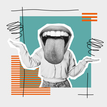 Overjoy Of Life. Female Body With Big Mouth And Tongue Sticking Out. Modern Design, Contemporary Art Collage. Inspiration, Idea, Trendy Urban Magazine Style. Negative Space To Insert Your Text Or Ad.