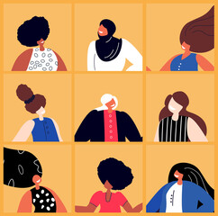 A Set of Beautiful Women with Different Beauty,Hair,Skin Color. Different Races and Nations. Diversity. Avatars. The Femininity Concept,Diversity,Independence,Rights Equality. Vector flat Illustration