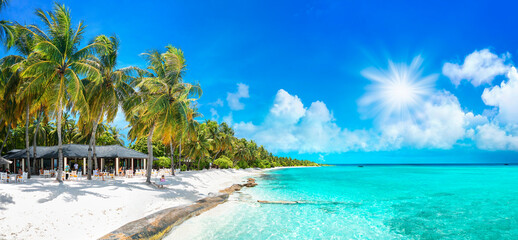 Wall Mural - beauty view of beach line with tall palms tree and ocean. white sand. bright tropical summer sun and
