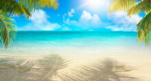 Summer Landscape Of Tropical Island. Branches Of Palm Trees Create Shade In Sand. Dazzlingly Bright Sun. Horizon Is Softly Blurred. Transition Of Sandy Beach To Turquoise Water.