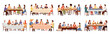 Set of illustrations on the theme of people eating. Dishes of world cuisines on the table. Families spend time together and socialize during dinner. Ethnic features of cuisines of different nations