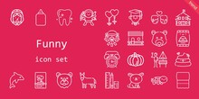 Funny Icon Set. Line Icon Style. Funny Related Icons Such As Alarm Clock, Pet Food, German, Dolphin, Couple, Kindergarten, Turtle, Glue, Donkey, Pilgrim, School Material, Wedding Car, Cupid