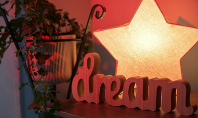 Concept photo with the word Dream made out of wood against a star light in a scenic place