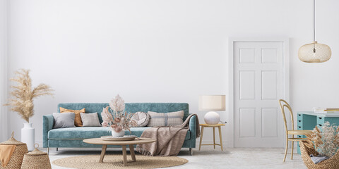 Home interior mock-up with blue sofa, wooden table and decor in white living room, panorama, 3d render