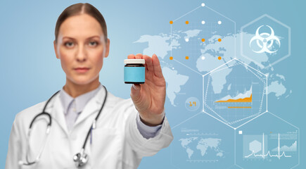 Sticker - medicine, healthcare and pandemic concept - close up of female doctor with stethoscope holding jar of pills over world statistics on blue background