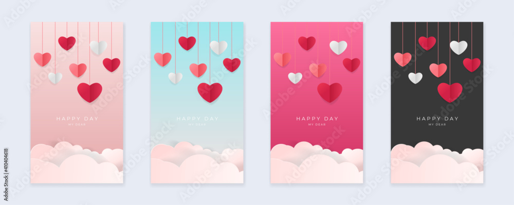 Set of pink yellow blue happy valentine's day vertical banners, posters, cards or flyers with origami hearts in paper cut style. Design template for advertising, web, social media, stories templates - obrazy, fototapety, plakaty 