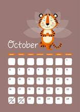 A3 Wall Calendar Design Template For October 2022, Year Of Tiger In  Chinese Calendar. Calendar With Zodiac Signs. Week Starts On Sunday. Vector Stock Flat Illustration. 