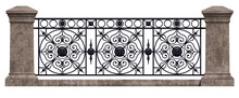 Wrought Iron Railing. Vintage. 3D Render For Project. Isolated. Decor. Architecture. Stone Pillars. White Background.