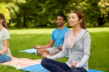 Sticker - fitness, sport, yoga and healthy lifestyle concept - group of people meditating in lotus pose at summer park