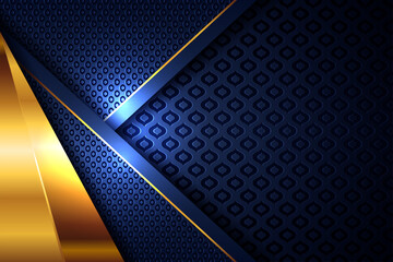 Elegant gold light polygonal on blue geometric banner. Luxury dark lines with paper material layer with golden stripe background