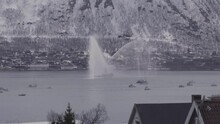 Fireboat With Water Cannon Saluting By Spraying Water. National Constitution Day In Norway. Wide Shot