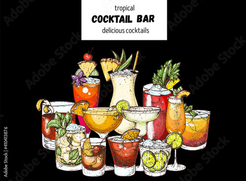 Alcoholic cocktails. Hand drawn vector illustration. Hand drawn drinks illustration. Cocktails set. Menu design elements. © DiViArts