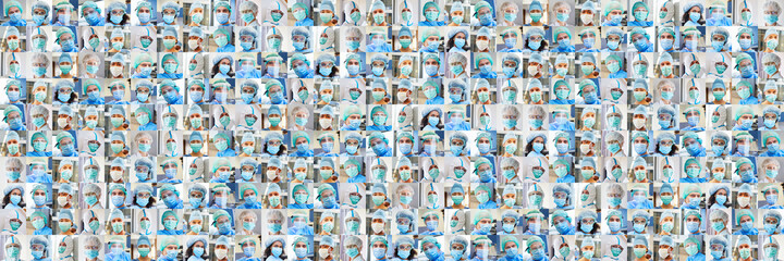 Wall Mural - Panorama Portrait Collage von Ärzten und Pflege Team mit Mundschutz