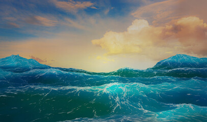 Wall Mural - 3d render evening seascape rough sea or ocean waves foam golden cumulus clouds