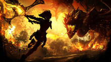 The Black Silhouette Of A Frail Girl Running To Attack A Sinister Furious Dragon With A Huge Sword At The Ready, Around The Spark And Scorch Of The Burned City . 2d Illustration