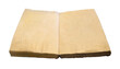 Ancient old opened book with yellow blank pages. Antique manuscript on isolated white background