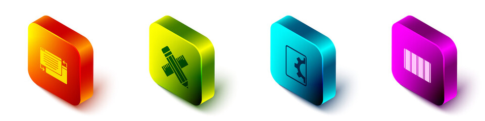 Set Isometric UI or UX design, Crossed ruler and pencil, Web development and Color palette guide icon. Vector.