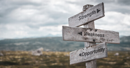 strength weakness opportunity text engraved on wooden signpost outdoors in nature. panorama format.