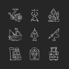 Sticker - Equipment for fishing chalk white icons set on black background. Boat fishing. Spinning casting. Fishing rod and reel. Fish on hook. Fishing spot. Isolated vector chalkboard illustrations