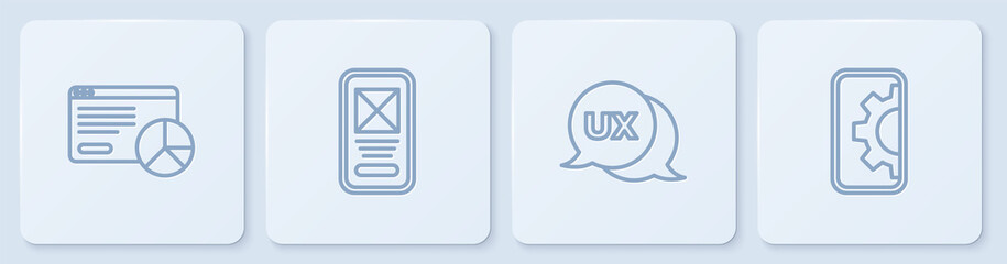 Set line Website statistic, UI or UX design, and development. White square button. Vector.