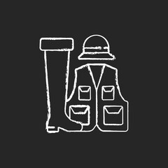 Wall Mural - Fishermans clothing and accessories chalk white icon on black background. Specail wearing for comfortable fishing. Hobby and leasure idea. Isolated vector chalkboard illustration