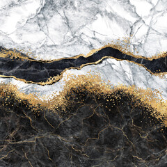 Wall Mural - abstract background, digital marbling illustration, black and white marble with golden veins, fake painted artificial stone texture, marbled surface