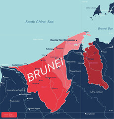 Sticker - Brunei country detailed editable map with regions cities and towns, roads and railways, geographic sites. Vector EPS-10 file