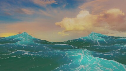 Wall Mural - evening seascape rough sea or ocean waves foam golden cumulus clouds