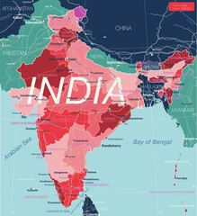 Poster - India country detailed editable map with regions cities and towns, roads and railways, geographic sites. Vector EPS-10 file