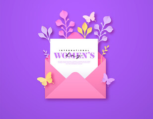 Wall Mural - Happy Women Day paper cut spring open letter card