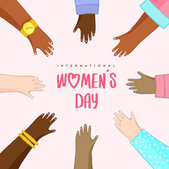 Wall Mural - Happy Women's Day card diverse woman hand together