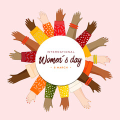 Wall Mural - Happy Women's Day card diverse girl hand together