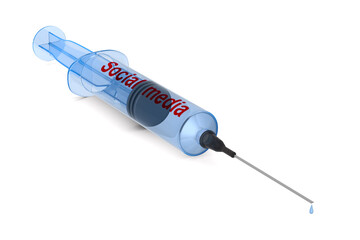 Sticker - syringe with text social media on white background. Isolated 3D illustration