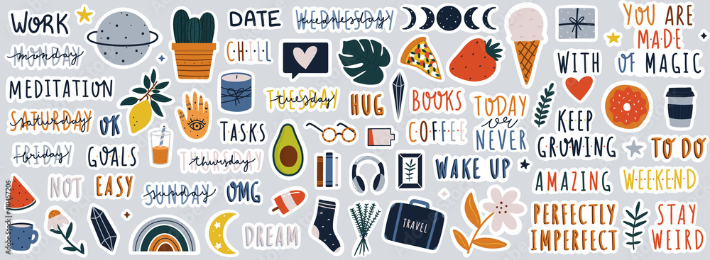 Set of stickers on different topics for daily planner or bullet journaling. Hand drawn doodles and handwritten modern lettering and quotes vector illustrations. - obrazy, fototapety, plakaty 